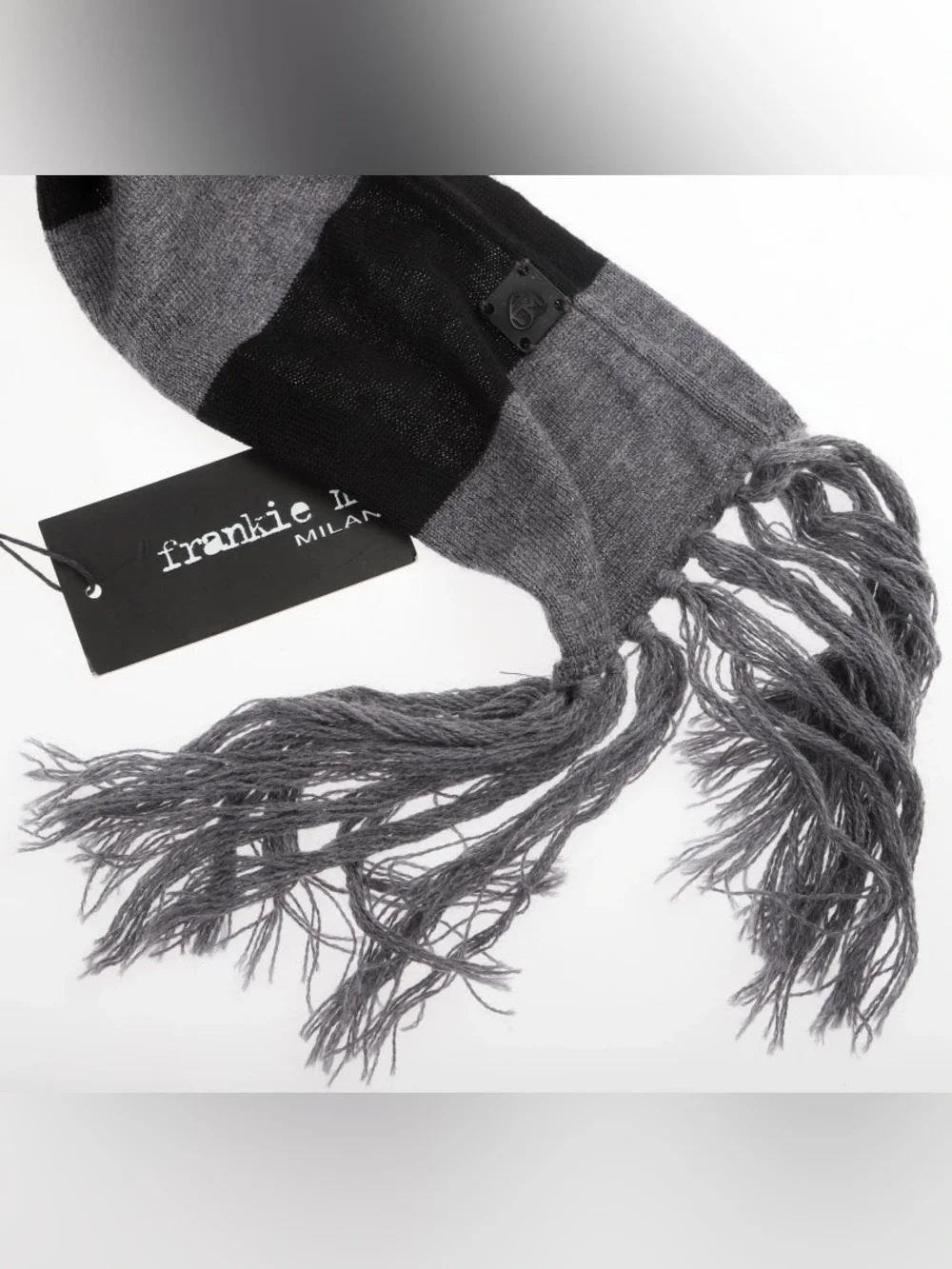 Frankie Morello Black and Gray Striped Fringe Scarf Lana wool New